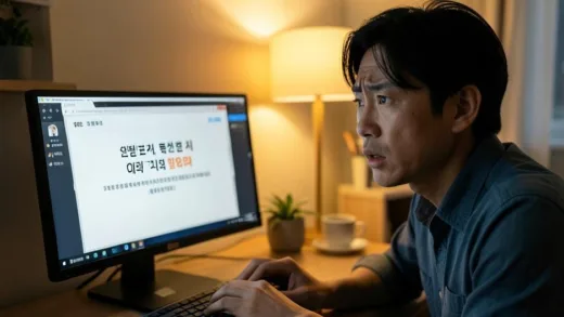 A Korean small business owner looking urgently at a computer screen showing a loan application deadline notice, warm interior lighting, emotional expression of realization and urgency, photorealistic style
