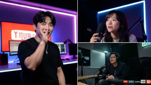 A Korean tech YouTuber waving goodbye in front of a glowing YouTube studio setup, transitioning to a new host, cinematic lighting, emotional atmosphere, 2026 style