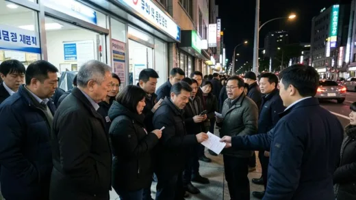 A long line of frustrated people outside a polling station in Seoul, South Korea, looking confused and angry as election officials try to explain a ballot paper shortage. A sign indicating 'Polling Station' is visible. Nighttime with city lights.