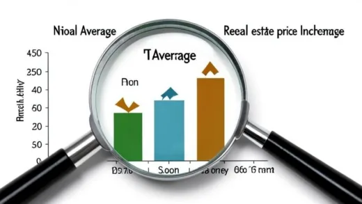 A magnifying glass over a bar chart showing stark differences between "National Average" and "Seoul Average" real estate price increases. The chart has arrows pointing up for Seoul and slightly up for national.