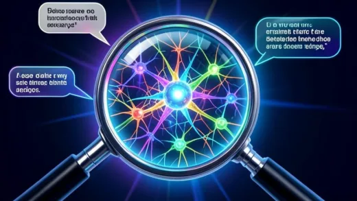A magnifying glass peering into a complex neural network, with some nodes emitting natural language bubbles. Futuristic, digital art style, bright colors.
