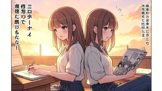 A manga cover art style showing two young girls sitting back to back, one drawing at a desk and the other reading manga, warm sunset lighting, anime aesthetic, emotional atmosphere