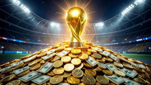 A massive pile of gold coins and dollar bills with a glowing FIFA World Cup trophy sitting on top, futuristic stadium in background, cinematic lighting, wide angle shot