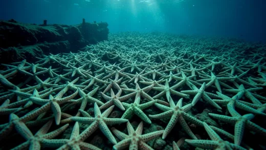 A massive swarm of starfish covering the ocean floor near a shellfish farm in Korea, photorealistic underwater shot, dramatic lighting, showing the scale of the ecological problem