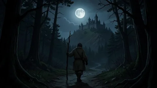 A medieval traveler walking alone on a dark forest path at night, holding a wooden staff, wearing simple woolen clothes, with a distant castle on a hill, moonlit sky, atmospheric and mysterious, cinematic lighting, historical illustration style