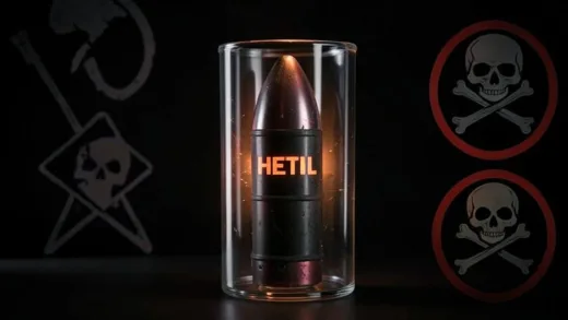 A menacing looking rocket fuel (HETIL) in a transparent container, glowing slightly, with subtle danger signs in the background, contrasting with more obvious poison symbols like a skull and crossbones. Emphasize the hidden danger.
