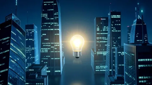 A metaphorical image showing a small, bright light bulb representing an overlooked small-cap stock, standing out from a crowd of large, well-lit skyscrapers representing popular large-cap stocks. The small light bulb is starting to glow brighter, signifying re-evaluation. Futuristic, subtle glow, digital art.