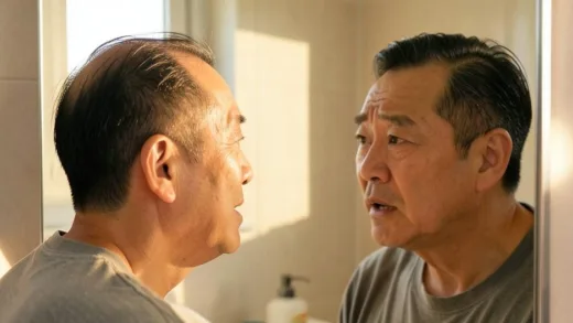 A middle-aged Korean man looking at his thinning hair in the bathroom mirror with a worried expression, warm morning light, realistic style