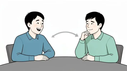 A minimalist illustration showing two people sitting at a table, one person is cheerfully talking while the other person's smile fades into a thoughtful expression, with invisible comparison arrows connecting them, psychological concept art style