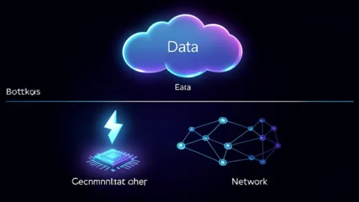 A minimalist infographic showing four layers of AI infrastructure bottlenecks: Semiconductor chip at the bottom, glowing Energy bolt above it, interconnected Network nodes, and Data cloud at the top, with futuristic blue and purple lighting