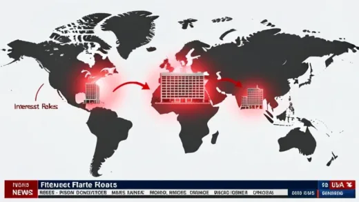 A minimalist world map showing three central bank buildings in EU, Japan and USA glowing with red warning lights, connected by arrows indicating interest rate hikes, financial news ticker at bottom, professional documentary style