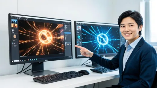 A modern 2026 technology lab with two computer monitors side by side showing AI generated images, one with warm tones and one with cool tones, a friendly Korean expert pointing at the screens, clean and professional atmosphere