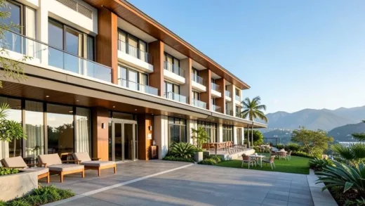 A modern, inviting hotel exterior with a beautiful view in the background. The scene should convey comfort and hospitality, with a hint of luxury, under a clear sky.