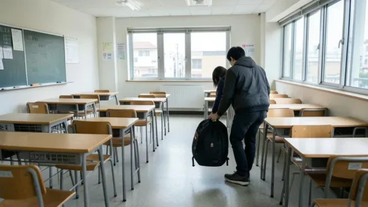 A modern Korean high school classroom with empty desks and a single student packing their bag to leave, symbolic of rising dropout rates, realistic style, emotional atmosphere