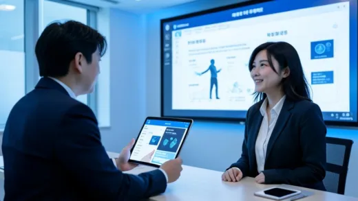 A modern Korean office interview scene in 2026, with an interviewer holding a tablet showing AI tools interface, and a candidate confidently presenting their work on a large screen behind them, professional atmosphere with soft blue lighting, photorealistic style.