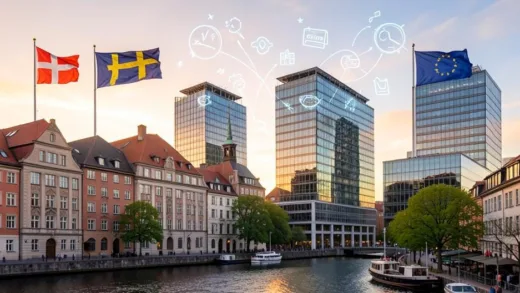 A modern Stockholm cityscape showing a contrast between traditional Swedish architecture and modern glass office buildings, with Swedish and EU flags waving, digital transformation symbols floating above the skyline, warm sunrise lighting