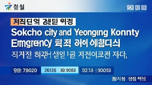 A news headline banner showing 'Sokcho city and Yeongdong county emergency welfare payment announcement' with Korean won symbols and calendar dates, professional news studio style