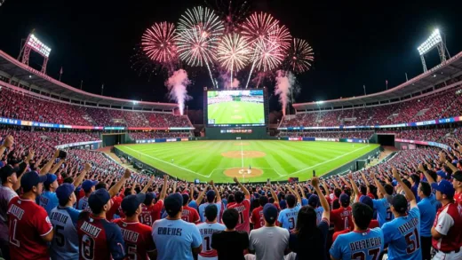 A packed Korean baseball stadium in Seoul during a night game, full of enthusiastic fans in team colors, massive LED screen showing the game, fireworks in the background, vibrant atmosphere, cinematic wide-angle shot