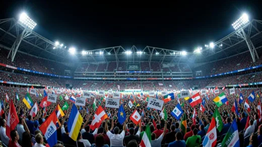A panoramic view of a massive 2026 World Cup stadium at night with bright floodlights, filled with 48 flags representing participating nations, with a subtle overlay of price tags floating above the crowd, cinematic wide shot.