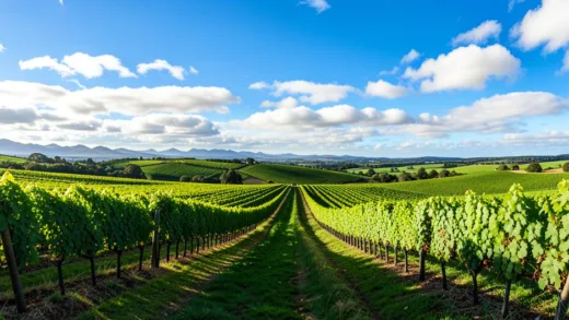 A panoramic view of Marlborough wine region in New Zealand with lush green vineyards stretching to the horizon under a bright blue sky with white clouds, morning sunlight casting long shadows, photorealistic style
