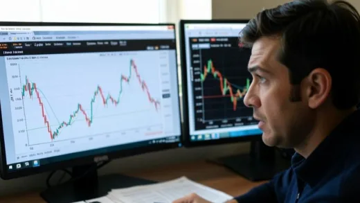 A person looking at a dual screen, one showing domestic stock charts and another showing international stock charts, with tax documents partially visible. The person looks slightly perplexed but determined.