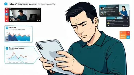 A person looking critically at a document on a mobile phone, surrounded by various online video elements, with a hint of skepticism. The overall mood is analytical and thoughtful. Digital art style, focus on clarity and clean lines. The person is an editor or content creator.