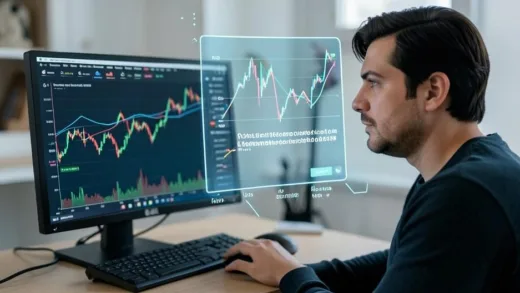 A person looking thoughtfully at a computer screen displaying stock charts, with an AI-generated infographic overlaying data points and trends, emphasizing analysis over direct recommendations. The AI character looks like a helpful, data-oriented assistant.