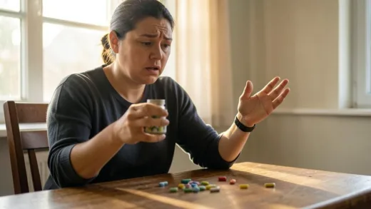 A person sitting at a table looking confused, holding a pill bottle in one hand and looking at their other empty hand, with scattered pills on the table, soft morning light through a window, realistic style, warm but slightly chaotic atmosphere