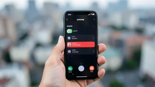 A person's hand holding a Samsung Galaxy smartphone, showing the camera settings screen with the location tag feature disabled. Blurred background of a city, emphasizing privacy protection.