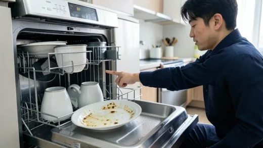 A professional Korean appliance technician pointing at a common mistake inside an open dishwasher, with water droplets still on cups and greasy plates visible, modern kitchen background, photorealistic style