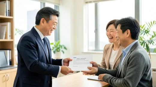 A professional Korean government official handing a document labeled 'debt adjustment support' to a relieved small business owner couple in a bright, modern office setting, warm and hopeful atmosphere, photorealistic style