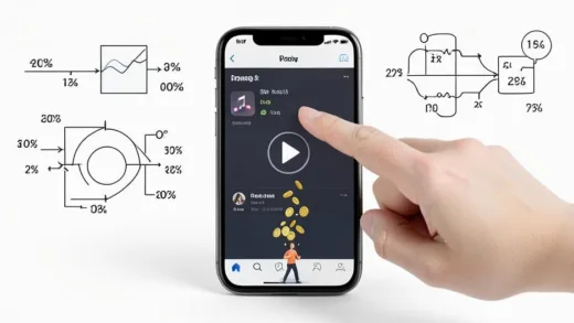 A realistic 3D infographic style image showing a smartphone screen with a music streaming app, a finger pressing play, and tiny coins falling down to a small artist figure at the bottom, with complex flow charts and percentages floating around, modern minimalist style