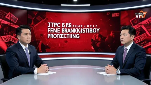 A realistic news studio scene showing an emergency broadcast screen with text about JTBC bankruptcy protection filing, with serious anchors and red warning graphics, financial crisis atmosphere
