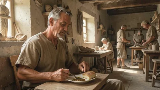 A Roman artisan, Casious, a sculptor, having a simple breakfast of bread and garum sauce in his humble home, sunlight streaming through a small window. In the background, a Roman public workshop (officina) with various sculptors and masons at work.