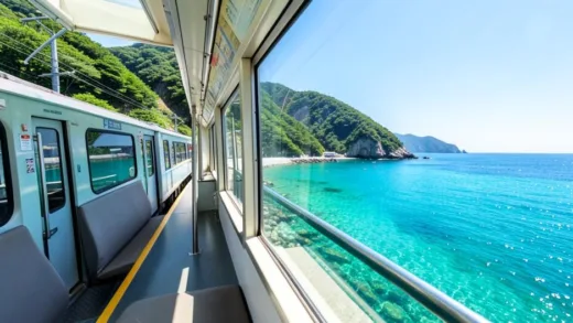 A scenic coastal train traveling along the turquoise East Sea coast of Korea during summer, with crystal clear ocean visible through large train windows, green hills on one side and sparkling blue water on the other, sunny bright day, high quality photography style
