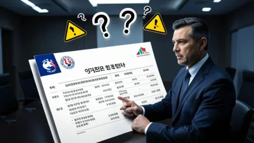 A serious professional analyst pointing at a large financial report document with the Korea Football Association logo, with question marks and warning signs floating above, dark corporate boardroom atmosphere