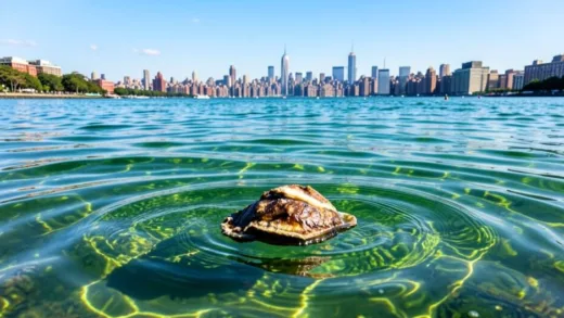 A single oyster filtering water in a vibrant, clear bay, with the iconic New York City skyline visible in the distant background, sun shining, realistic, detailed.