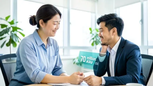 A small business owner looking relieved while receiving financial aid, modern office setting, bright and hopeful atmosphere, clear digital interface showing '70 million KRW'.