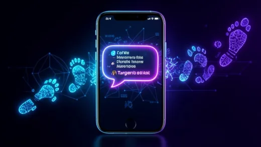A smartphone screen showing a conversation bubble transforming into targeted ads, with digital footprint footprints trailing behind, cyber security concept art, glowing blue and purple neon colors, 3D render style