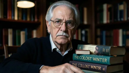 A solemn portrait of David Halberstam, an American journalist and author, with a stack of books including The Coldest Winter, soft library lighting, contemplative atmosphere, 4k quality