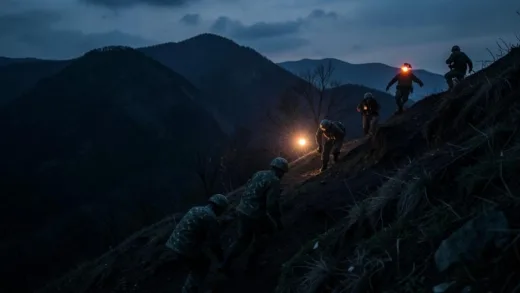 A somber mood at a military training ground in Pocheon, South Korea at dusk, soldiers in camouflage uniform climbing a steep mountain trail, a rescue team rushing up the hill, emergency lights flashing, emotional and tense atmosphere, cinematic documentary style