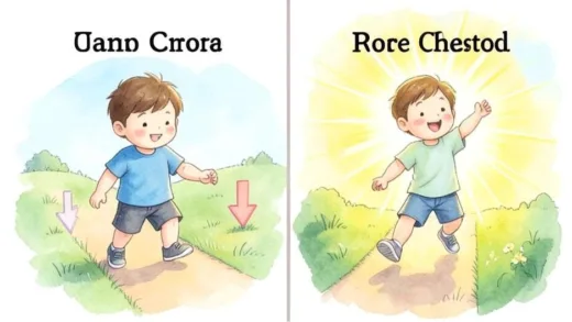 A split illustration showing two paths for children with same IQ. Left side shows a child staying in same place with downward arrow, right side shows a child moving upward with bright light. Soft watercolor style, hopeful and educational mood.