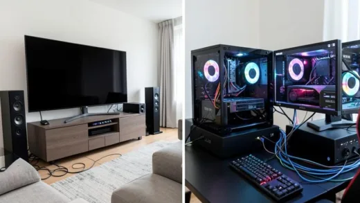 A split image showing on one side a modern living room setup with a large TV, sound system, and game console connected via HDMI cables, and on the other side a high-tech gaming PC setup with multiple monitors and a powerful graphics card connected via DisplayPort cables.