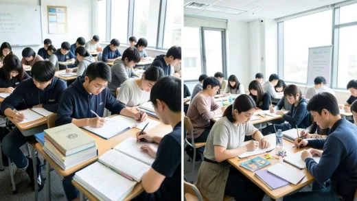 A split scene comparing a Korean classroom with students studying intensely for exams with stacked textbooks and a Stanford university classroom with students collaborating on creative projects, bright natural lighting, modern educational environment