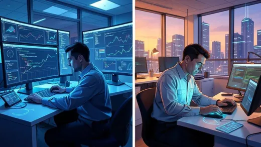 A split screen comparison showing an AI-powered engineer working efficiently with multiple AI tools on large screens while a traditional engineer struggles with manual coding, futuristic Silicon Valley office setting, digital art style, blue and orange lighting