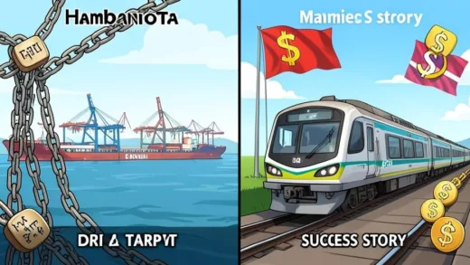 A split-screen digital illustration showing Sri Lanka's Hambantota port on the left with chains and debt symbols, and Malaysia's ECRL train on the right with victory flag and dollar signs, contrasting debt trap vs success story.
