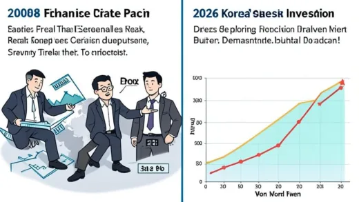 A split screen illustration showing 2008 financial crisis exchange rate panic on one side and 2026 Korea's overseas investment driven dollar demand on the other, with won-dollar exchange rate chart showing structural shift, professional financial infographic style