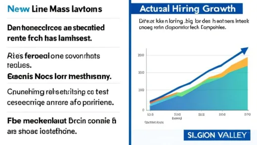 A split screen illustration showing news headlines about mass layoffs on one side versus a graph showing actual hiring growth at big tech companies on the other, Silicon Valley style