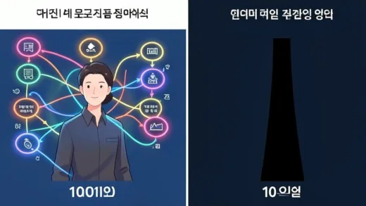 A split-screen illustration showing two people with the same bank balance of 1 million won. One has multiple glowing options and paths ahead (choices), the other has only a single dark narrow path. The contrast represents how poverty is about scarcity of choices, not money.