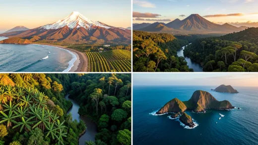 A stunning 4K aerial view of Ecuador's diverse landscapes split into four sections: Pacific coastline with banana plantations, snow-capped Andean volcanoes like Chimborazo, dense Amazon rainforest with winding rivers, and the volcanic islands of Galapagos with blue-footed boobies. Photorealistic, National Geographic style, golden hour lighting.